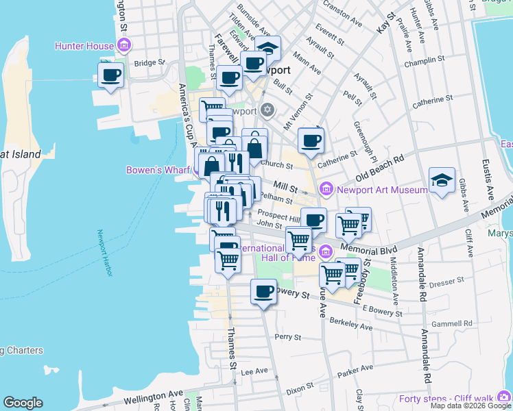 map of restaurants, bars, coffee shops, grocery stores, and more near 209 Spring Street in Newport