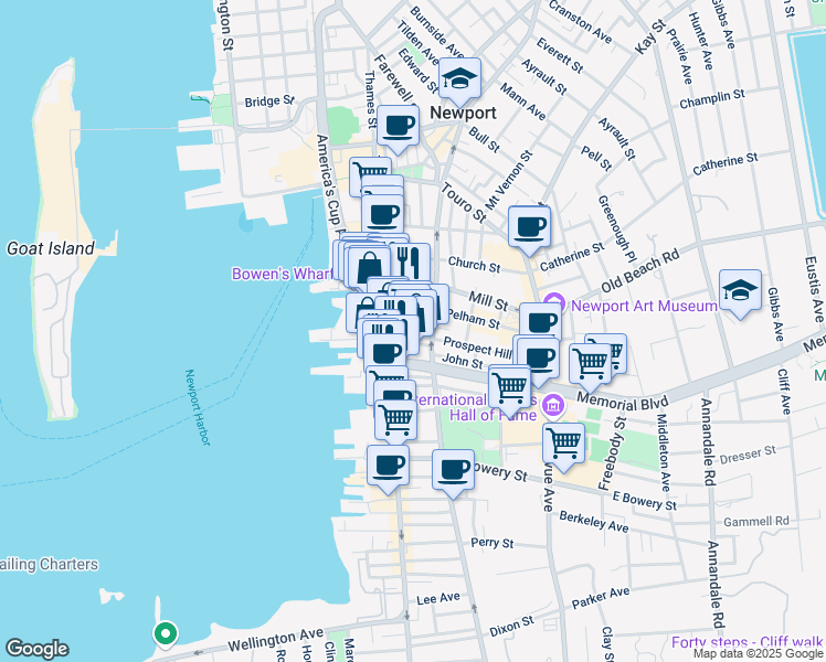 map of restaurants, bars, coffee shops, grocery stores, and more near 320 Thames Street in Newport