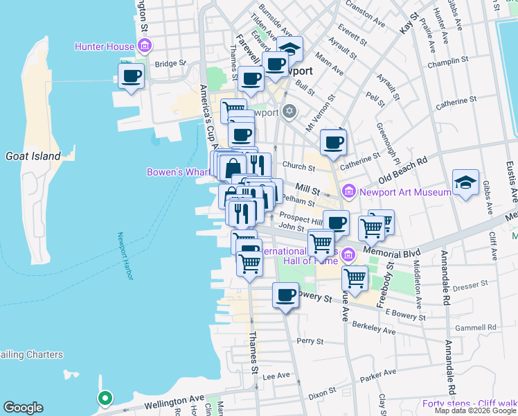 map of restaurants, bars, coffee shops, grocery stores, and more near 320 Thames Street in Newport