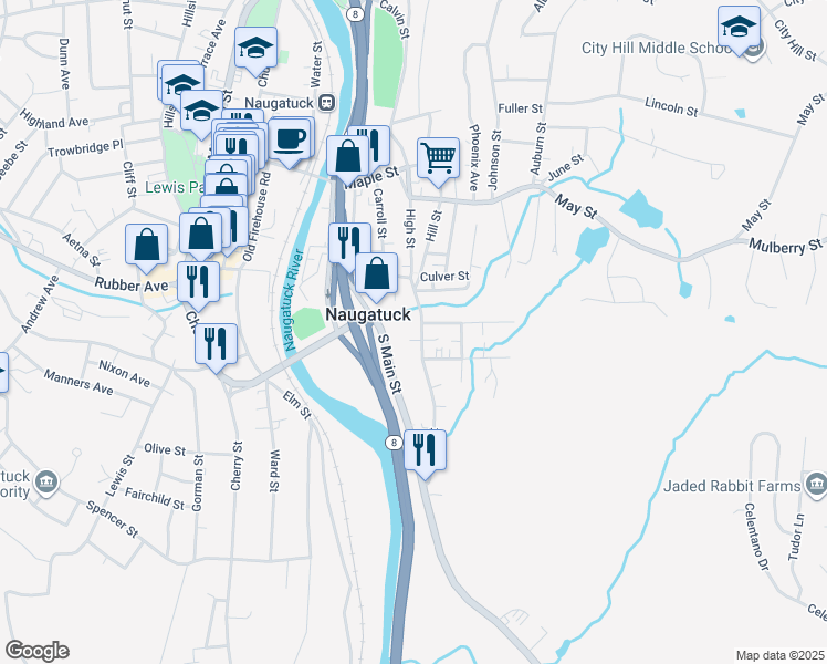 map of restaurants, bars, coffee shops, grocery stores, and more near 167 High Street in Naugatuck