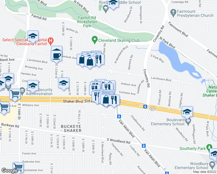 map of restaurants, bars, coffee shops, grocery stores, and more near 2653 North Moreland Boulevard in Cleveland