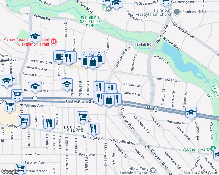 map of restaurants, bars, coffee shops, grocery stores, and more near 2653 North Moreland Boulevard in Cleveland