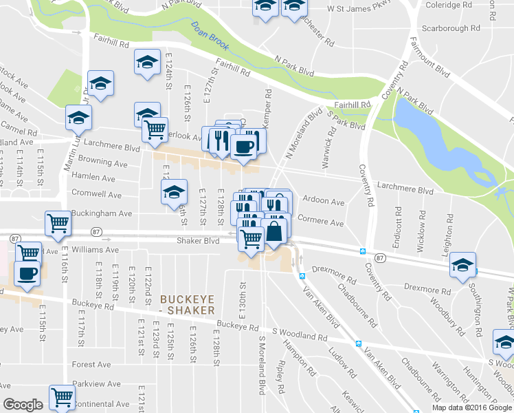 map of restaurants, bars, coffee shops, grocery stores, and more near 2666 North Moreland Boulevard in Cleveland