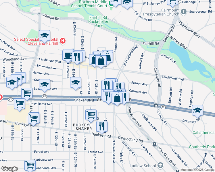 map of restaurants, bars, coffee shops, grocery stores, and more near 2666 North Moreland Boulevard in Cleveland