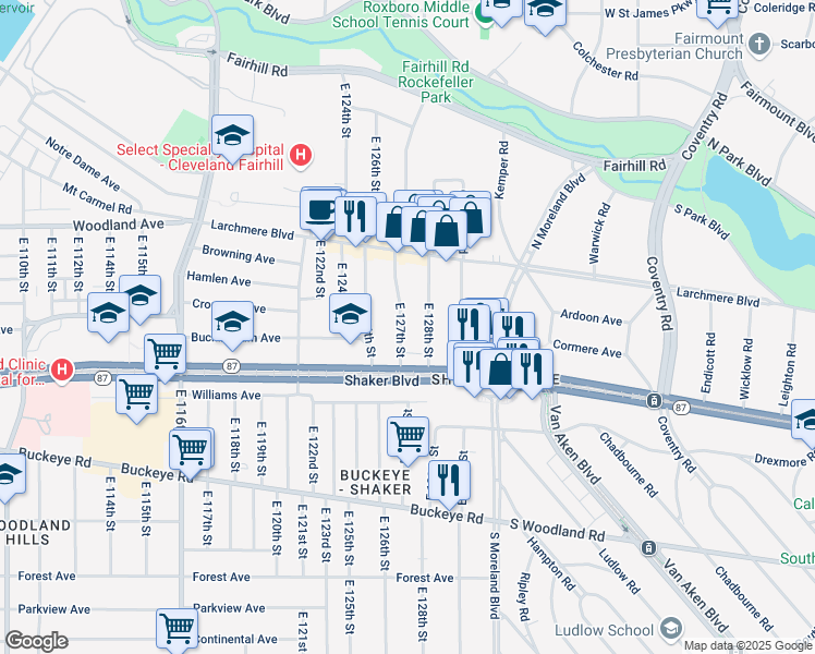 map of restaurants, bars, coffee shops, grocery stores, and more near 2677 East 127th Street in Cleveland