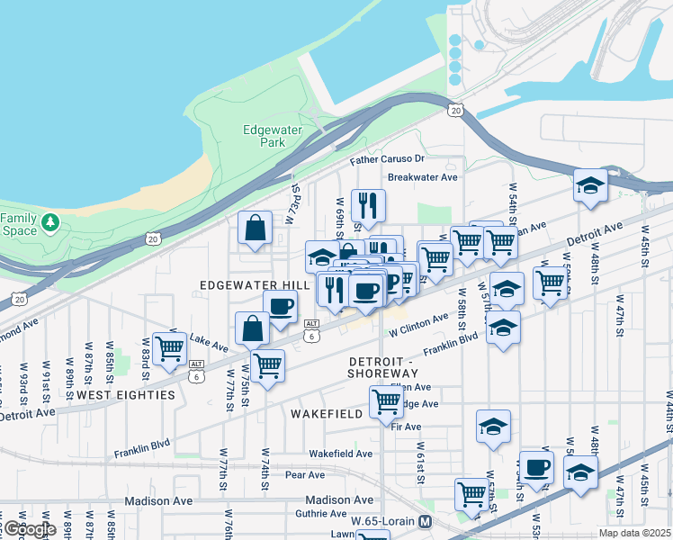 map of restaurants, bars, coffee shops, grocery stores, and more near 1329 West 69th Street in Cleveland