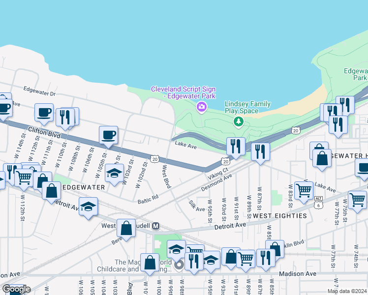map of restaurants, bars, coffee shops, grocery stores, and more near 9845 Lake Avenue in Cleveland