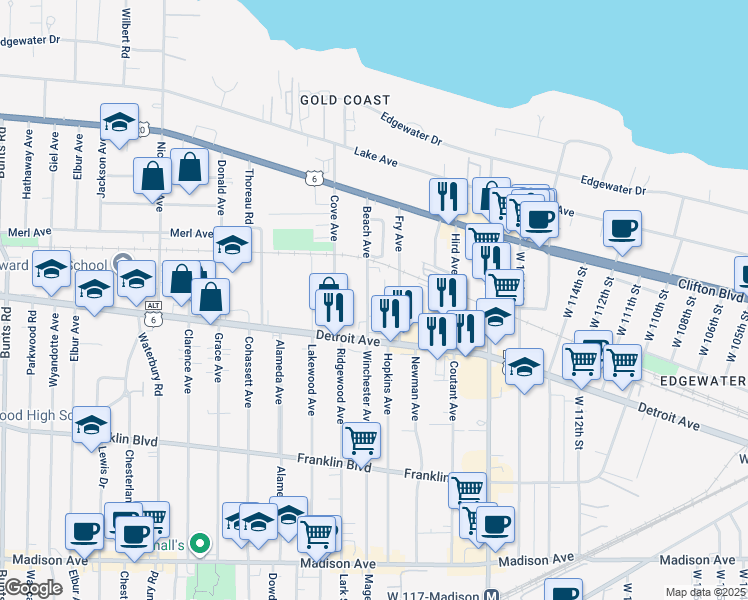 map of restaurants, bars, coffee shops, grocery stores, and more near 1344 Beach Avenue in Lakewood