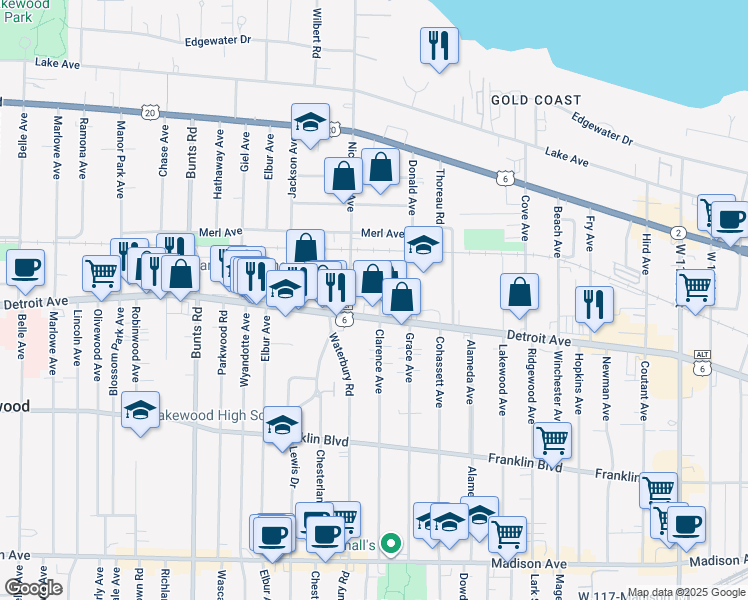 map of restaurants, bars, coffee shops, grocery stores, and more near in Lakewood