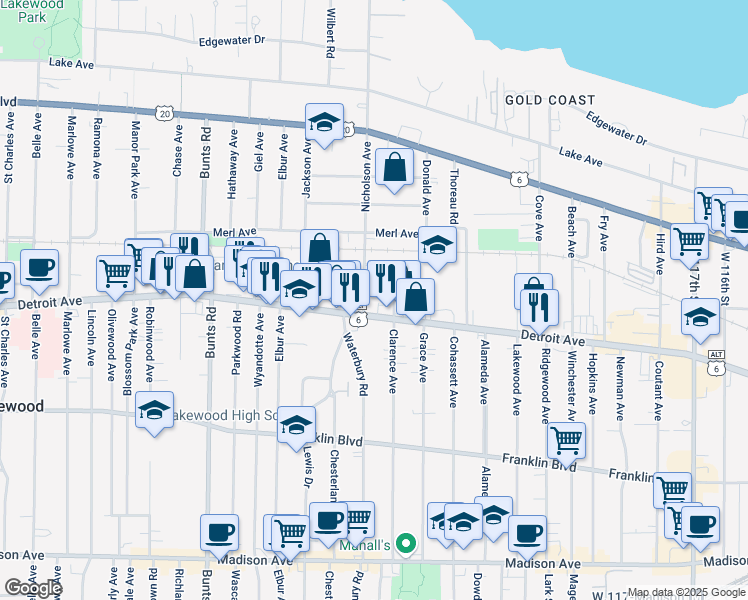 map of restaurants, bars, coffee shops, grocery stores, and more near 1384 Nicholson Avenue in Lakewood