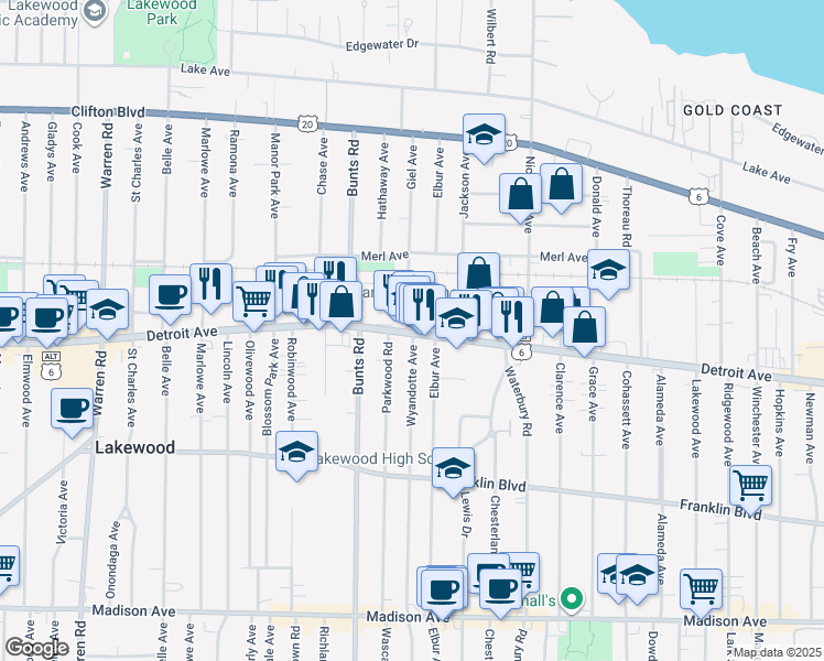 map of restaurants, bars, coffee shops, grocery stores, and more near in Lakewood