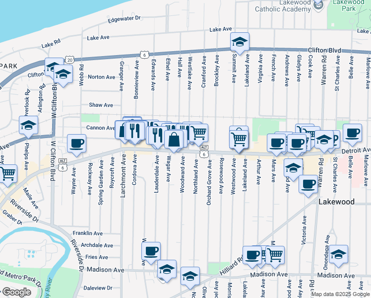 map of restaurants, bars, coffee shops, grocery stores, and more near 16306 Detroit Avenue in Lakewood