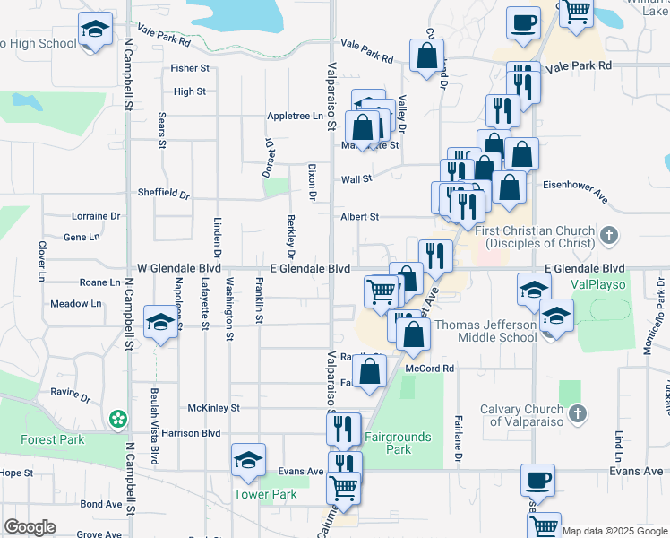 map of restaurants, bars, coffee shops, grocery stores, and more near 406 East Glendale Boulevard in Valparaiso