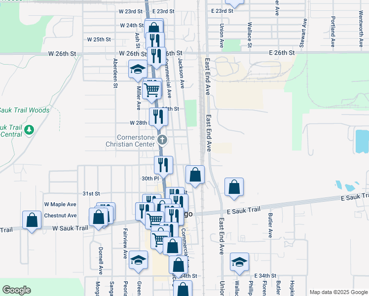 map of restaurants, bars, coffee shops, grocery stores, and more near 2903 Jackson Avenue in Chicago Heights