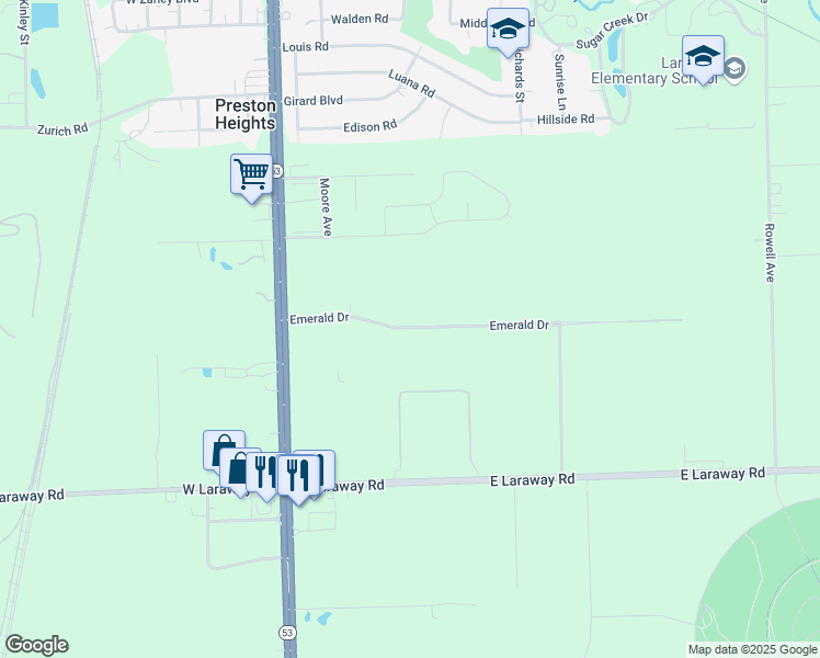map of restaurants, bars, coffee shops, grocery stores, and more near 250 Emerald Drive in Joliet