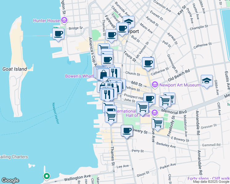 map of restaurants, bars, coffee shops, grocery stores, and more near 320 Thames Street in Newport