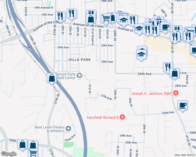map of restaurants, bars, coffee shops, grocery stores, and more near 3109 26th Avenue Court in Moline