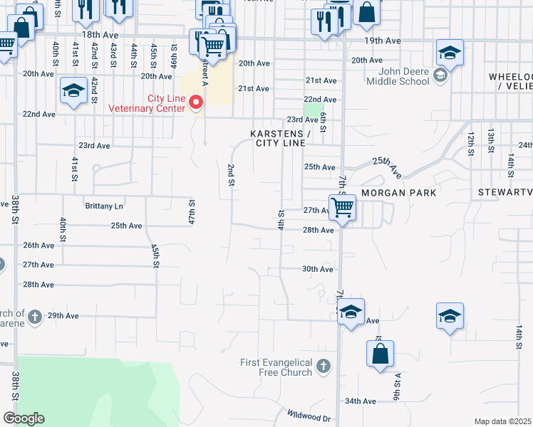 map of restaurants, bars, coffee shops, grocery stores, and more near 304 27th Avenue in Moline