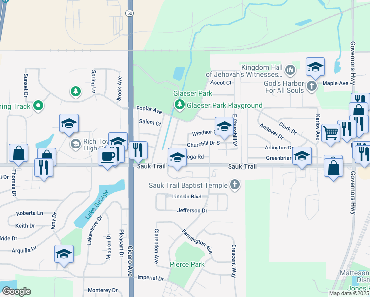 map of restaurants, bars, coffee shops, grocery stores, and more near 4603 Churchill Drive South in Richton Park