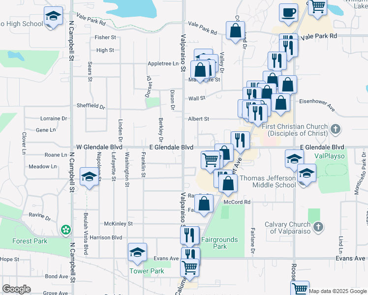 map of restaurants, bars, coffee shops, grocery stores, and more near 1898 Valparaiso Street in Valparaiso