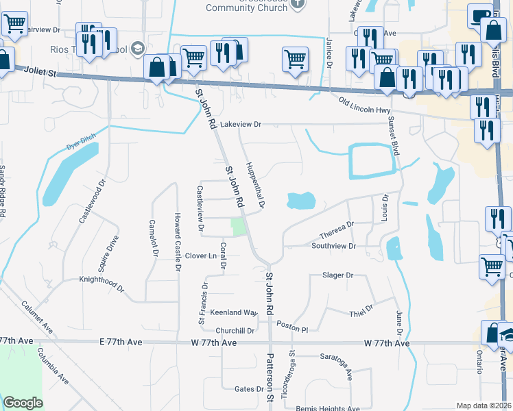 map of restaurants, bars, coffee shops, grocery stores, and more near 2020 Huppenthal Drive in Schererville