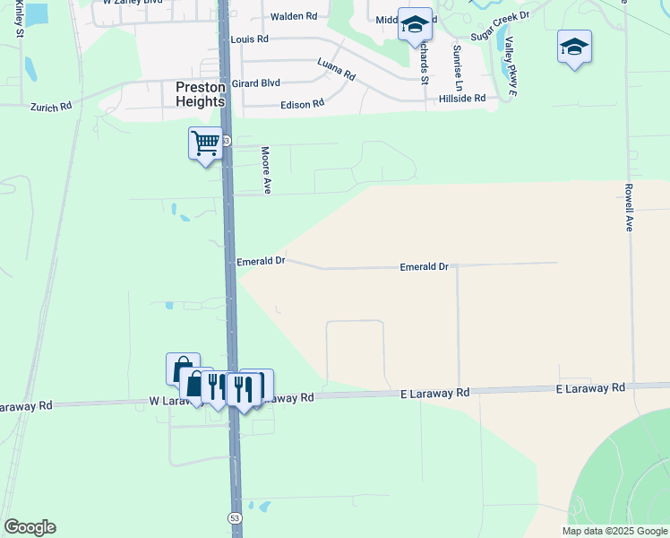 map of restaurants, bars, coffee shops, grocery stores, and more near Emerald Drive in Joliet