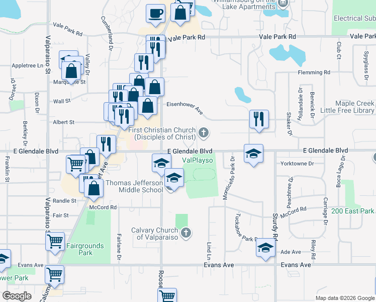 map of restaurants, bars, coffee shops, grocery stores, and more near East Glendale Boulevard in Valparaiso