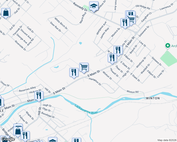 map of restaurants, bars, coffee shops, grocery stores, and more near Valella Ct in Archbald