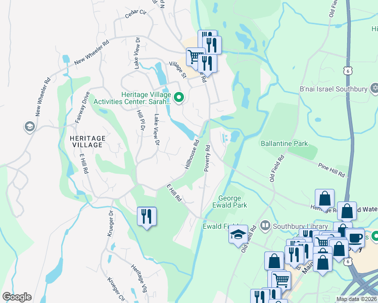 map of restaurants, bars, coffee shops, grocery stores, and more near 39 Heritage Village in Southbury