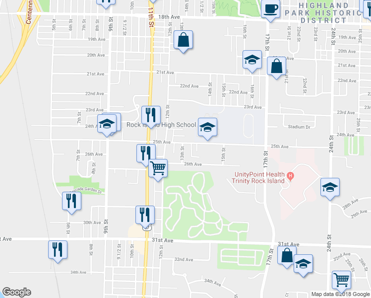 map of restaurants, bars, coffee shops, grocery stores, and more near 2511 13th Street in Rock Island