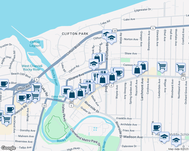 map of restaurants, bars, coffee shops, grocery stores, and more near 1331 Phelps Avenue in Lakewood
