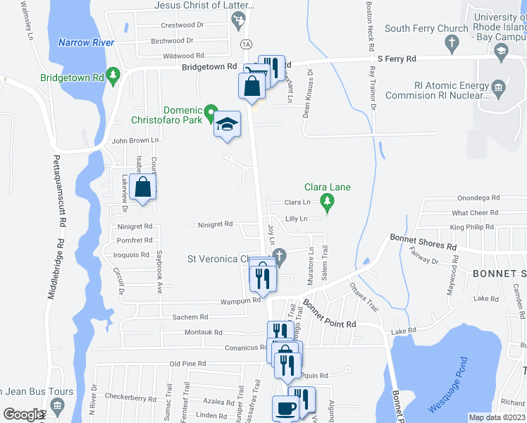 map of restaurants, bars, coffee shops, grocery stores, and more near 2 Gardenia Lane in Narragansett