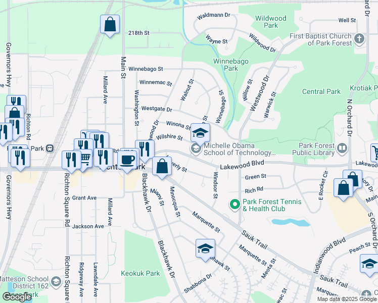 map of restaurants, bars, coffee shops, grocery stores, and more near 222 Wilson Street in Park Forest