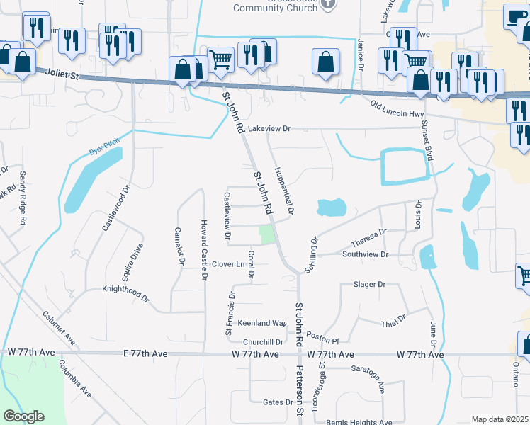 map of restaurants, bars, coffee shops, grocery stores, and more near 1501 Thornhill Drive in Schererville