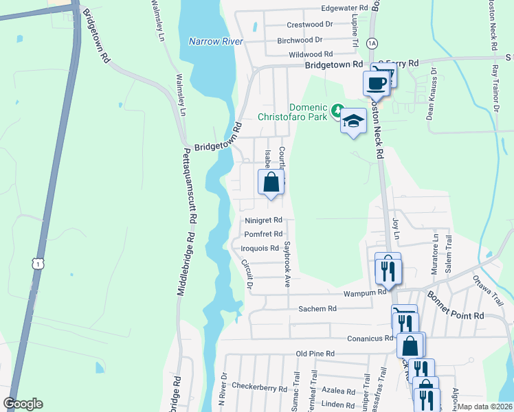 map of restaurants, bars, coffee shops, grocery stores, and more near 56 Lakeview Drive in Narragansett