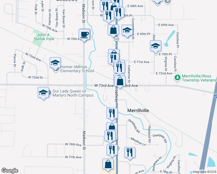 map of restaurants, bars, coffee shops, grocery stores, and more near 1-41 W Old Lincoln Hwy in Merrillville
