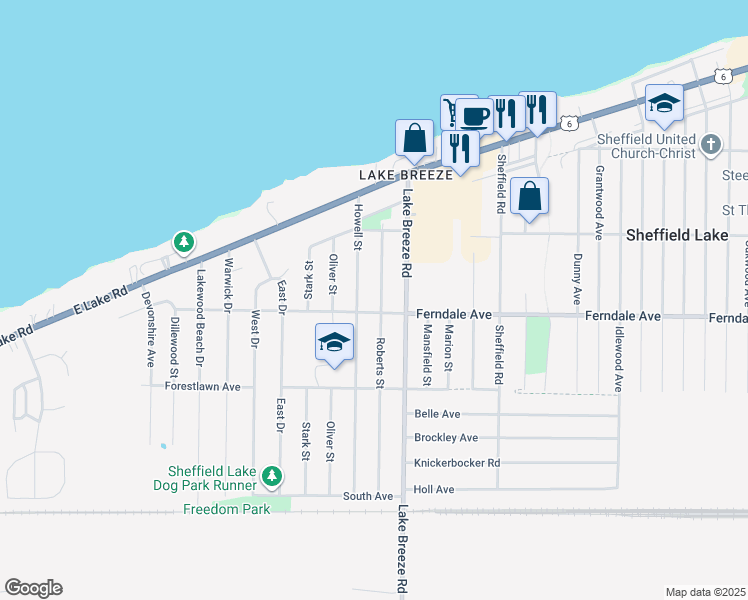 map of restaurants, bars, coffee shops, grocery stores, and more near 778 Roberts St in Sheffield Lake