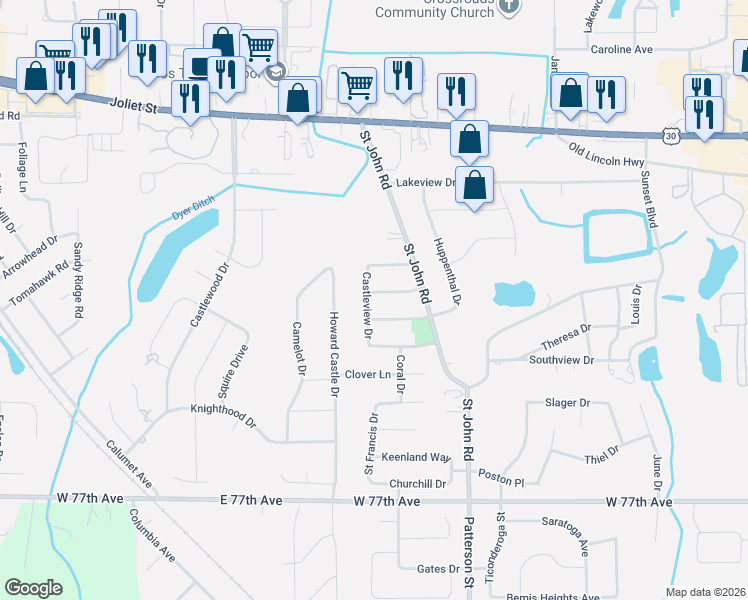 map of restaurants, bars, coffee shops, grocery stores, and more near 1525 Thornhill Dr in Schererville