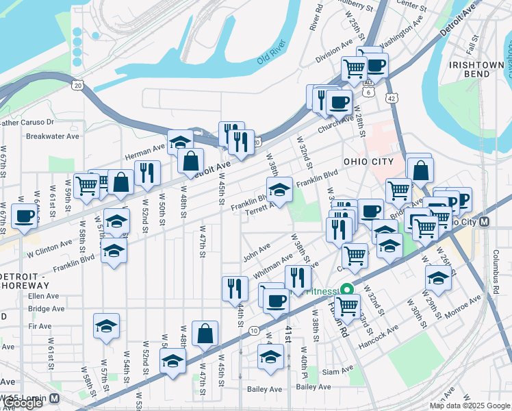 map of restaurants, bars, coffee shops, grocery stores, and more near 4107 Franklin Boulevard in Cleveland