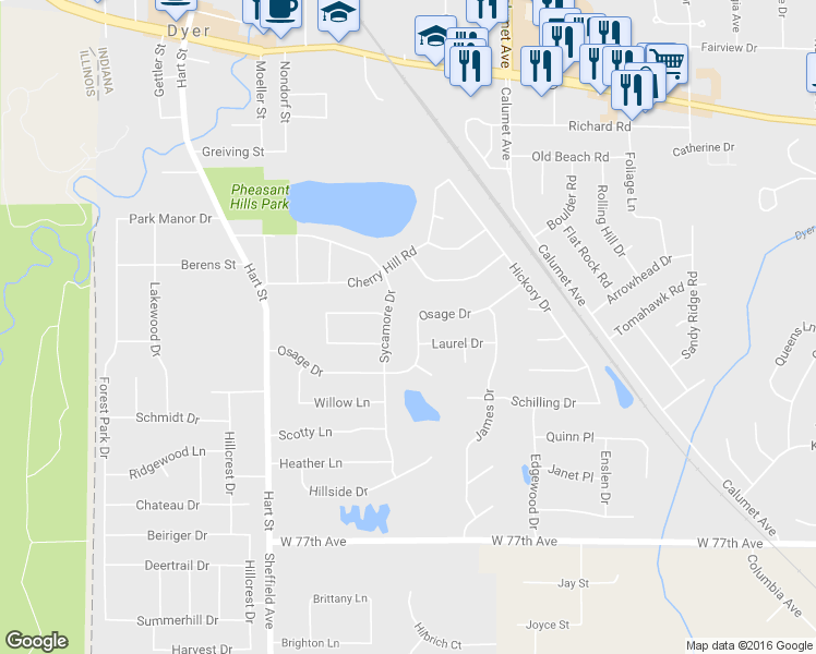 map of restaurants, bars, coffee shops, grocery stores, and more near 2526 Osage Dr in Dyer