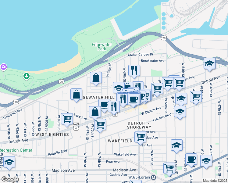 map of restaurants, bars, coffee shops, grocery stores, and more near 1322 West 70th Street in Cleveland