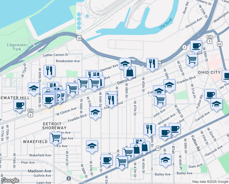map of restaurants, bars, coffee shops, grocery stores, and more near 1428 West 50th Street in Cleveland