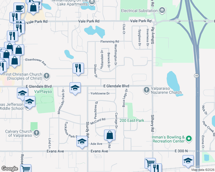 map of restaurants, bars, coffee shops, grocery stores, and more near 2218 East Glendale Boulevard in Valparaiso