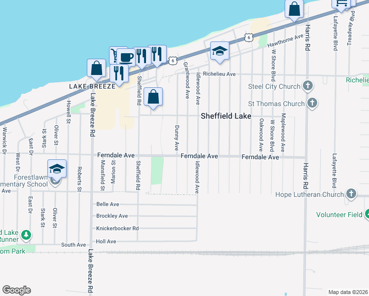 map of restaurants, bars, coffee shops, grocery stores, and more near 773 Dunny Avenue in Sheffield Lake