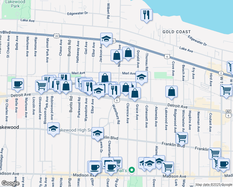 map of restaurants, bars, coffee shops, grocery stores, and more near 1384 Nicholson Avenue in Lakewood