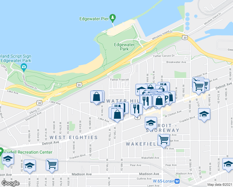map of restaurants, bars, coffee shops, grocery stores, and more near 7428 Goodwalt Avenue in Cleveland