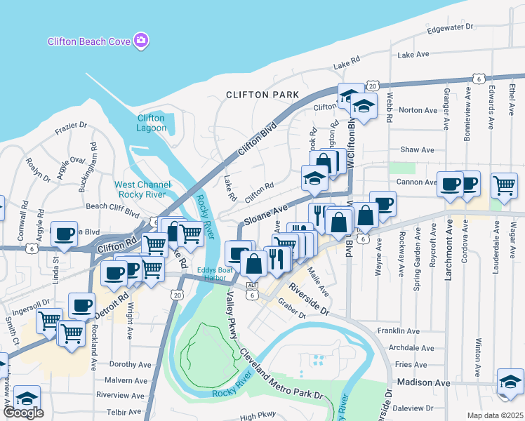 map of restaurants, bars, coffee shops, grocery stores, and more near 18718 Sloane Avenue in Lakewood