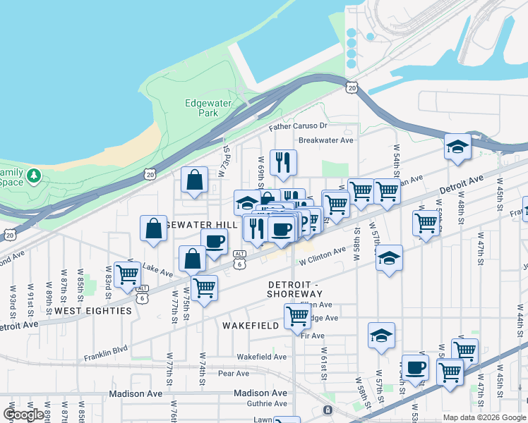 map of restaurants, bars, coffee shops, grocery stores, and more near 1329 West 69th Street in Cleveland