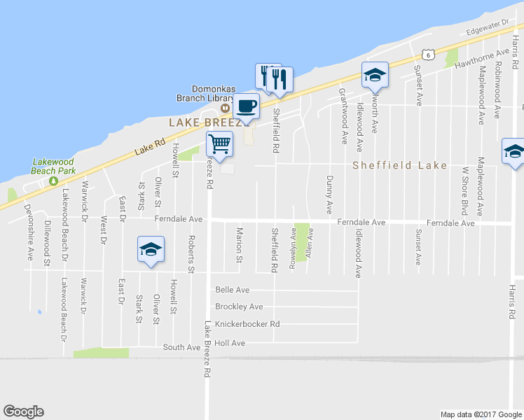 map of restaurants, bars, coffee shops, grocery stores, and more near 777 Community Road in Sheffield Lake