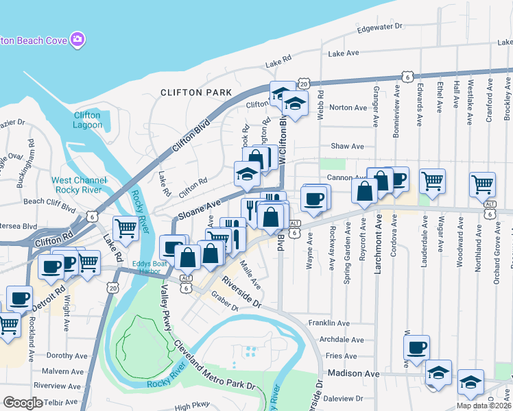 map of restaurants, bars, coffee shops, grocery stores, and more near 1331 Phelps Avenue in Lakewood